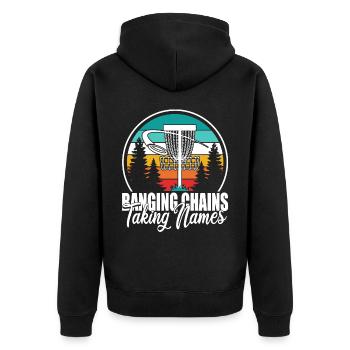 Retro Sunset Banging Chains prend des noms Disc Golf - Veste à capuche bio Premium Unisexe - noir - Dos - Nico (187cm)