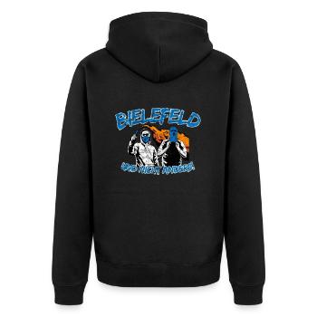 Bielefeld und nicht anders UPDATE - Unisex Premium Bio Zip Hoodie - Schwarz - Hinten - Nico (187cm)