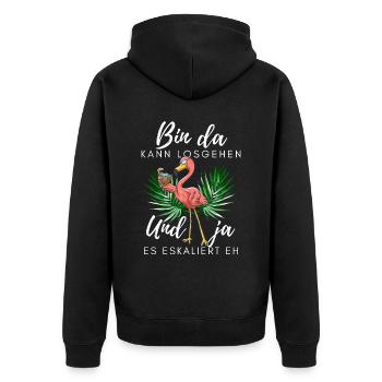 Flamingo bin da kann losgehen ja es eskaliert eh - Unisex Premium Bio Zip Hoodie - Schwarz - Hinten - Nico (187cm)