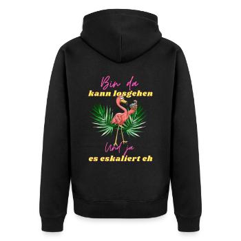 Flamingo bin da kann losgehen ja es eskaliert eh - Unisex Premium Bio Zip Hoodie - Schwarz - Hinten - Nico (187cm)