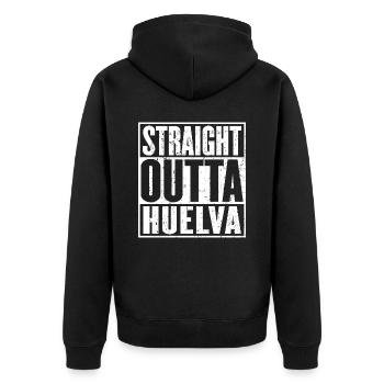 Gerade Outta Huelva Vintage - Unisex Premium Bio Zip Hoodie - Schwarz - Hinten - Nico (187cm)