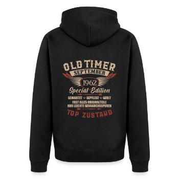 Oldtimer September 1962 Jahrgang Geburtstag - Unisex Premium Bio Zip Hoodie - Schwarz - Hinten - Nico (187cm)
