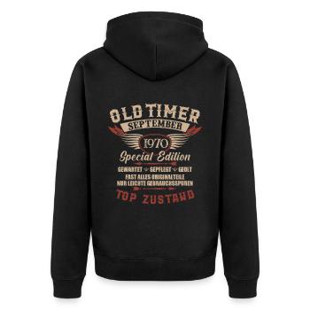 Oldtimer September 1970 Jahrgang Geburtstag - Unisex Premium Bio Zip Hoodie - Schwarz - Hinten - Nico (187cm)