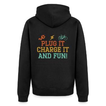 Plug It Charge It And Fun E-Bike Electric Bicycle - Unisex Premium Organic Zip Hoodie - black - Back - Nico (187cm)