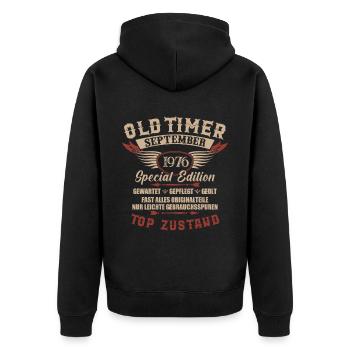 Oldtimer September 1976 Jahrgang Geburtstag - Unisex Premium Bio Zip Hoodie - Schwarz - Hinten - Nico (187cm)