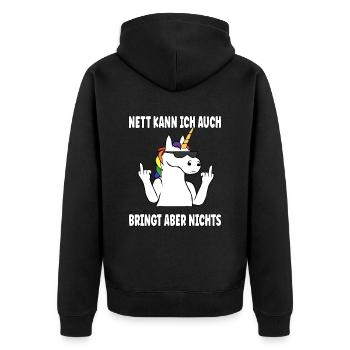 Nett Kann Ich Auch Bringt Aber Nix Lustig Einhorn - Unisex Premium Bio Zip Hoodie - Schwarz - Hinten - Nico (187cm)