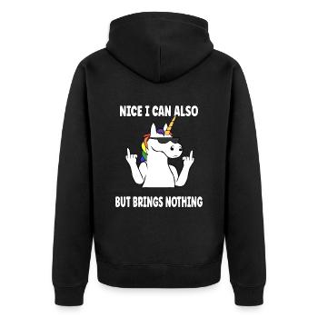 Nett Kann Ich Auch Bringt Aber Nix Lustig Einhorn - Unisex Premium Bio Zip Hoodie - Schwarz - Hinten - Nico (187cm)