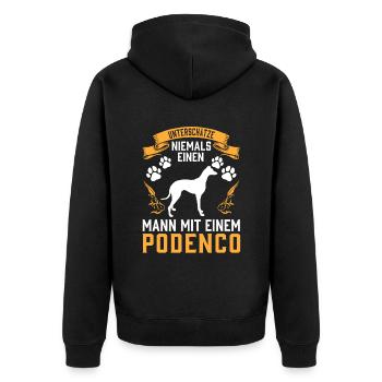 Mann mit Podenco Jagdhund spanischer Podenco - Unisex Premium Bio Zip Hoodie - Schwarz - Hinten - Nico (187cm)