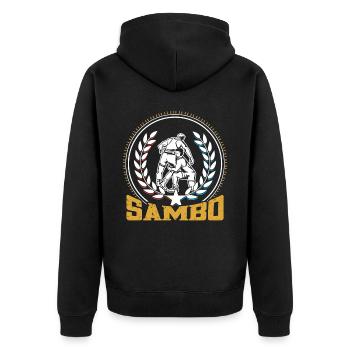 Sambo Kampfsport Training Trainer Kampfkunst - Unisex Premium Bio Zip Hoodie - Schwarz - Hinten - Nico (187cm)