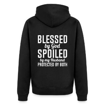 Blessed by God Spoiled by My Husband Protected By - Unisex Premium Bio Zip Hoodie - Schwarz - Hinten - Nico (187cm)