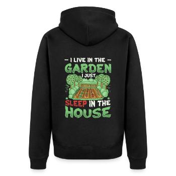 I Live In The Garden Lover, Gartenarbeit. - Unisex Premium Bio Zip Hoodie - Schwarz - Hinten - Nico (187cm)