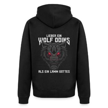 Lieber ein Wolf Odins als ein Lamm Gottes - Unisex Premium Bio Zip Hoodie - Schwarz - Hinten - Nico (187cm)
