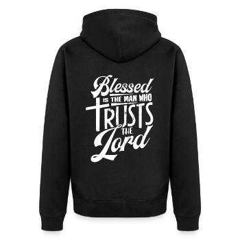 Gesegnet Ist Der Mann, Der Dem Herrn Vertraut - Unisex Premium Bio Zip Hoodie - Schwarz - Hinten - Nico (187cm)