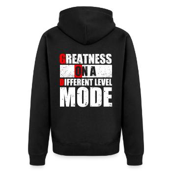 GOD MODE, Größe Auf Einer Anderen Ebene - Unisex Premium Bio Zip Hoodie - Schwarz - Hinten - Nico (187cm)