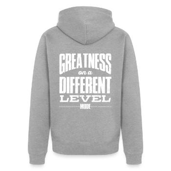 GOD MODE, size on a different level - Unisex Premium Organic Zip Hoodie - heather grey - Back - Nico (187cm)