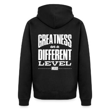 GOD MODE, Größe Auf Einer Anderen Ebene - Unisex Premium Bio Zip Hoodie - Schwarz - Hinten - Nico (187cm)