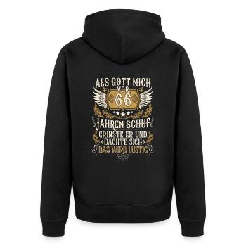 Als Gott mich vor 66 Jahren schuf 66. Geburtstag - Unisex Premium Bio Zip Hoodie - Schwarz - Hinten - Nico (187cm)