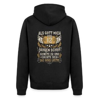 Als Gott mich vor 12 Jahren schuf 12. Geburtstag - Unisex Premium Bio Zip Hoodie - Schwarz - Hinten - Nico (187cm)