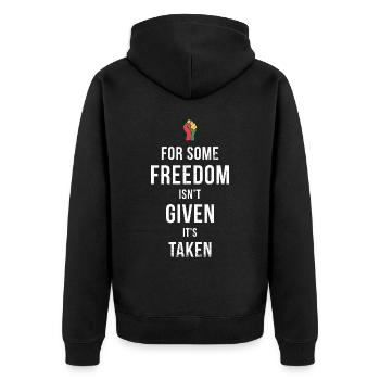 Für Einige Wird Freiheit Nicht Gegeben, Sondern - Unisex Premium Bio Zip Hoodie - Schwarz - Hinten - Nico (187cm)