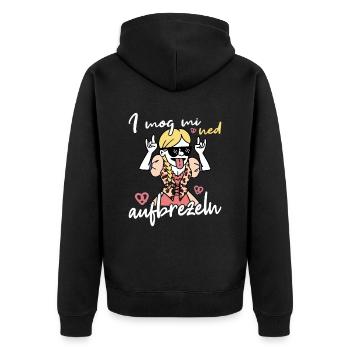I mog mi ned Aufbrezeln Volksfest Trachten Dirndl - Unisex Premium Bio Zip Hoodie - Schwarz - Hinten - Nico (187cm)