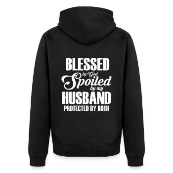 Blessed by God Spoiled by My Husband Protected By - Unisex Premium Bio Zip Hoodie - Schwarz - Hinten - Nico (187cm)