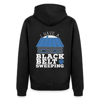 Ich habe einen schwarzen Gürtel im fegenden Schornsteinfeger - Unisex Premium Bio Zip Hoodie - Schwarz - Hinten - Nico (187cm)