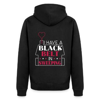 Ich habe einen schwarzen Gürtel im fegenden Schornsteinfeger - Unisex Premium Bio Zip Hoodie - Schwarz - Hinten - Nico (187cm)
