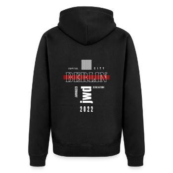 Berlin capital Janz far out - Unisex Premium Organic Zip Hoodie - black - Back - Nico (187cm)