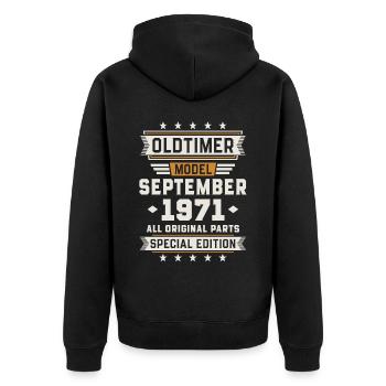 Oldtimer September 1971 Geburtstag Geschenk - Unisex Premium Bio Zip Hoodie - Schwarz - Hinten - Nico (187cm)