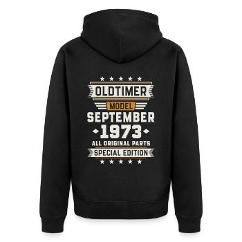 Oldtimer September 1973 Geburtstag Geschenk - Unisex Premium Bio Zip Hoodie - Schwarz - Hinten - Nico (187cm)
