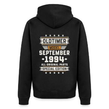Oldtimer September 1994 Geburtstag Geschenk - Unisex Premium Bio Zip Hoodie - Schwarz - Hinten - Nico (187cm)