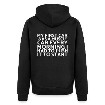 Mein Erstes Auto War Ein Muscle Car Für Jedes - Unisex Premium Bio Zip Hoodie - Schwarz - Hinten - Nico (187cm)