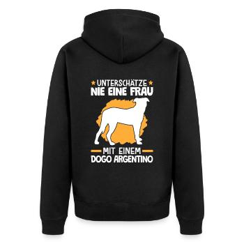 Unterschätze nie eine Frau mit Dogo Argentino - Unisex Premium Bio Zip Hoodie - Schwarz - Hinten - Nico (187cm)