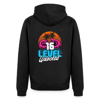 Level 16 Unlocked 16th Birthday Gamer 80s retro - Unisex Premium Organic Zip Hoodie - black - Back - Nico (187cm)