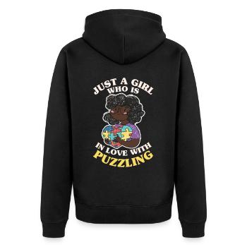Süßes schwarzes Mädchen, das in rätselhafter Afro - Unisex Premium Bio Zip Hoodie - Schwarz - Hinten - Nico (187cm)