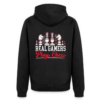 Echte Spieler spielen Schachbrettspiel Schachspieler - Unisex Premium Bio Zip Hoodie - Schwarz - Hinten - Nico (187cm)