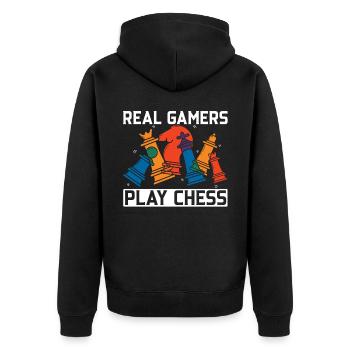 Echte Spieler spielen Schachbrettspiel Schachspieler - Unisex Premium Bio Zip Hoodie - Schwarz - Hinten - Nico (187cm)