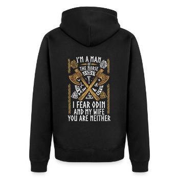Ich bin ein Mann des Nordes, den ich fürchte, Odin - Unisex Premium Bio Zip Hoodie - Schwarz - Hinten - Nico (187cm)