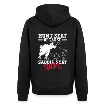 Hunt Because Saddle Sucks - Hunt - Unisex Premium Bio Zip Hoodie - Schwarz - Hinten - Nico (187cm)