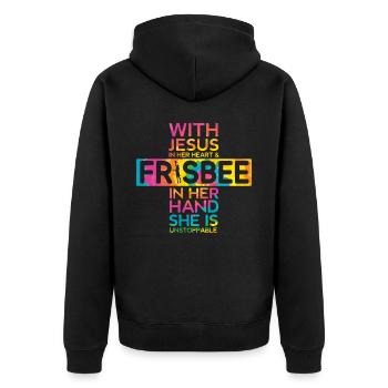 Ultimate Frisbee Flying Disc Sport Christian - Unisex Premium Bio Zip Hoodie - Schwarz - Hinten - Nico (187cm)