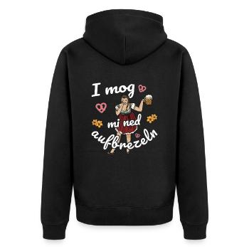 I mog mi ned Aufbrezeln Volksfest Trachten Dirndl - Unisex Premium Bio Zip Hoodie - Schwarz - Hinten - Nico (187cm)