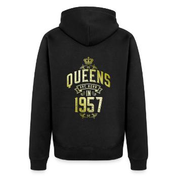 Queens born in 1957 - Unisex Premium Bio Zip Hoodie - Schwarz - Hinten - Nico (187cm)
