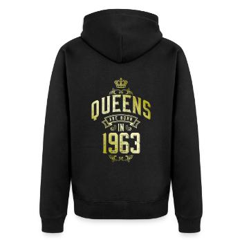 Queens born in 1963 - Unisex Premium Bio Zip Hoodie - Schwarz - Hinten - Nico (187cm)