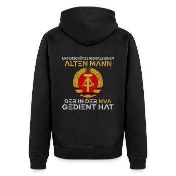 Unterschätze nie einen alten Mann aus der NVA - Unisex Premium Bio Zip Hoodie - Schwarz - Hinten - Nico (187cm)