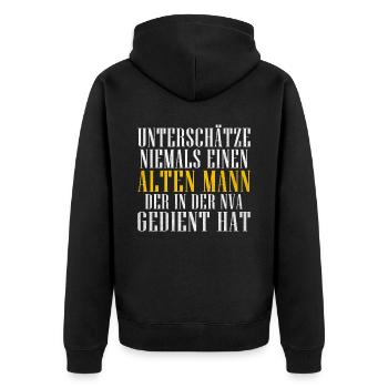 Unterschätze nie einen alten Mann aus der NVA - Unisex Premium Bio Zip Hoodie - Schwarz - Hinten - Nico (187cm)