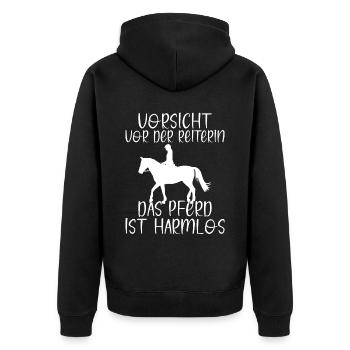 Vorsicht vor der Reiterin das Pferd ist harmlos - Unisex Premium Bio Zip Hoodie - Schwarz - Hinten - Nico (187cm)