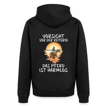 Vorsicht vor der Reiterin das Pferd ist harmlos - Unisex Premium Bio Zip Hoodie - Schwarz - Hinten - Nico (187cm)