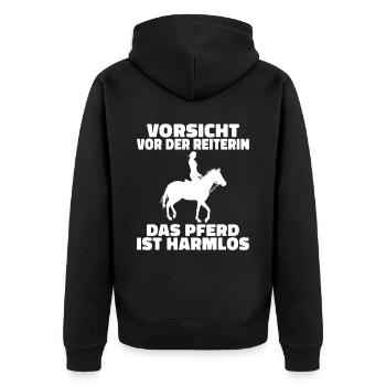 Vorsicht vor der Reiterin das Pferd ist harmlos - Unisex Premium Bio Zip Hoodie - Schwarz - Hinten - Nico (187cm)