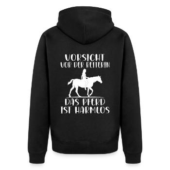 Vorsicht vor der Reiterin das Pferd ist harmlos - Unisex Premium Bio Zip Hoodie - Schwarz - Hinten - Nico (187cm)