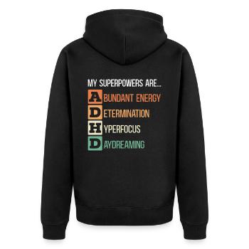 Meine Superkräfte sind ADHS Umarmung Neurodiversität - Unisex Premium Bio Zip Hoodie - Schwarz - Hinten - Nico (187cm)